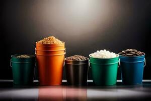 a row of colorful buckets with different types of food. AI-Generated photo