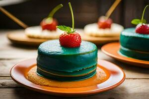 dos pasteles con azul Crema en parte superior de naranja platos. generado por ai foto