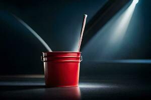 a red bucket with a straw sitting on a table. AI-Generated photo