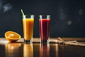 two glasses of orange juice and an orange. AI-Generated photo