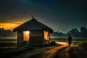 a man walks towards a hut at dusk. AI-Generated photo