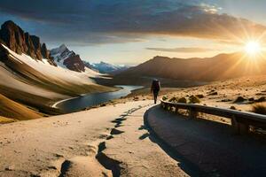 the man is walking on the road in the middle of the desert. AI-Generated photo