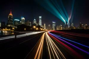 a long exposure photograph of a city skyline at night. AI-Generated photo