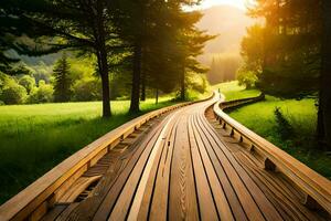 a wooden walkway in the middle of a green field. AI-Generated photo