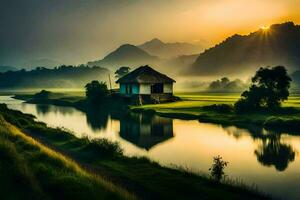 the sun rises over a river and a small hut in the middle of a valley. AI-Generated photo