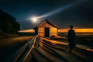 a man walks along a road at night with a house in the background. AI-Generated photo