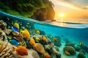 the sun sets over a tropical reef with colorful fish. AI-Generated photo
