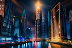 a city at night with tall buildings and lights. AI-Generated photo