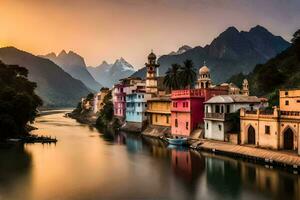 a river in india with colorful buildings and mountains. AI-Generated photo