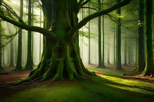 a large tree in the middle of a forest. AI-Generated photo