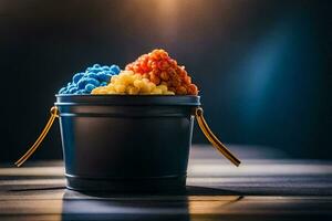 a bucket filled with colored powder sitting on a table. AI-Generated photo