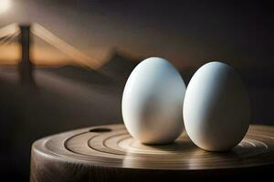 two white eggs sit on top of a wooden table. AI-Generated photo