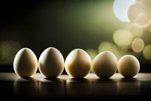 five eggs are lined up in a row. AI-Generated photo