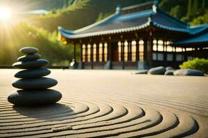 a zen garden with stones and a pagoda in the background. AI-Generated photo