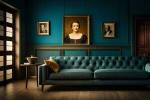 a blue sofa in a room with a painting on the wall. AI-Generated photo