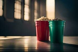 two cups of popcorn sitting on a table. AI-Generated photo