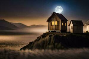 a small house sits on top of a hill with a full moon. AI-Generated photo