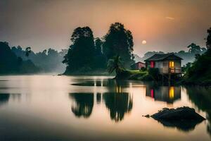 un pequeño casa se sienta en el borde de un lago a amanecer. generado por ai foto