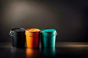 three colorful metal buckets on a dark background. AI-Generated photo