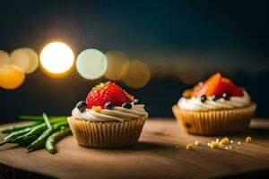 two cupcakes with strawberries and blueberries on a wooden table. AI-Generated photo