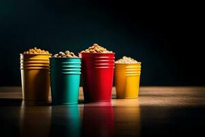 four colorful cups with peanut butter and jelly. AI-Generated photo