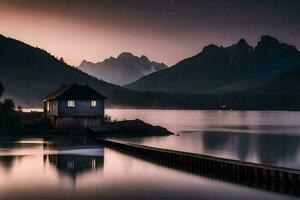 a small house sits on the edge of a lake at sunset. AI-Generated photo