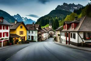 photo wallpaper the sky, mountains, houses, road, mountains, houses, road, mountains,. AI-Generated