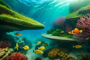 submarino escena con coral arrecife y pez. generado por ai foto