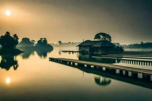 a boat dock in the middle of a lake at sunrise. AI-Generated photo