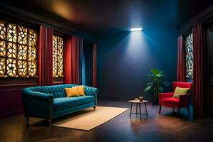 un habitación con azul paredes y rojo cortinas generado por ai foto