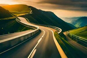 a highway with a car driving on it. AI-Generated photo
