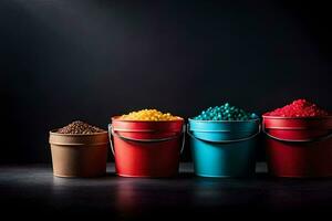 colorful buckets of different colored candy on a dark background. AI-Generated photo