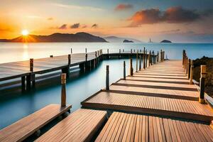 a wooden dock leads to the ocean at sunset. AI-Generated photo