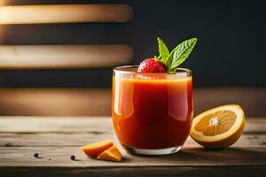 a glass of juice with a strawberry and lemon. AI-Generated photo