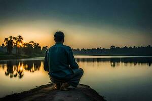 a man sitting on the edge of a lake at sunset. AI-Generated photo