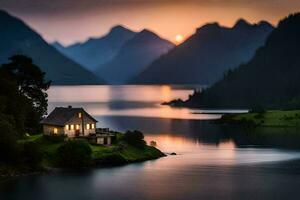 a house sits on a small island in the middle of a lake. AI-Generated photo