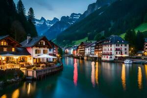 el pueblo de Altenburg en el suizo Alpes a oscuridad. generado por ai foto