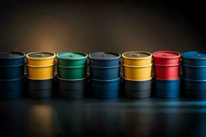 a row of colorful oil barrels. AI-Generated photo