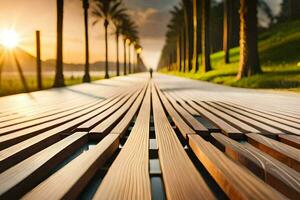 a long wooden walkway with palm trees in the background. AI-Generated photo