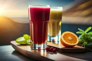 two glasses of juice with fruit and vegetables on a table. AI-Generated photo