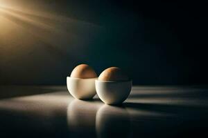 two eggs in a white egg cup on a dark surface. AI-Generated photo