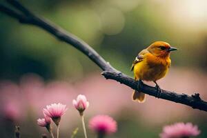 a small yellow bird sits on a branch in front of pink flowers. AI-Generated photo