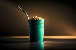 popcorn in a cup with a straw. AI-Generated photo