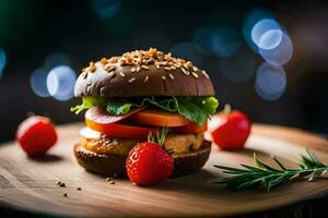 a hamburger with tomatoes and lettuce on a wooden board. AI-Generated photo