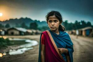 un joven niña soportes en el suciedad cerca un aldea. generado por ai foto