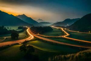 un largo exposición foto de un autopista a puesta de sol. generado por ai