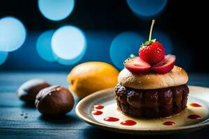 a dessert with strawberries and a lemon on a plate. AI-Generated photo