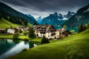 a beautiful mountain village with a lake and green grass. AI-Generated photo