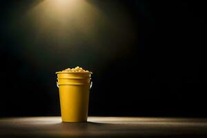 un Cubeta de palomitas de maiz en un mesa en frente de un destacar. generado por ai foto