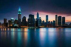 el ciudad horizonte a noche con el agua reflejando generado por ai foto